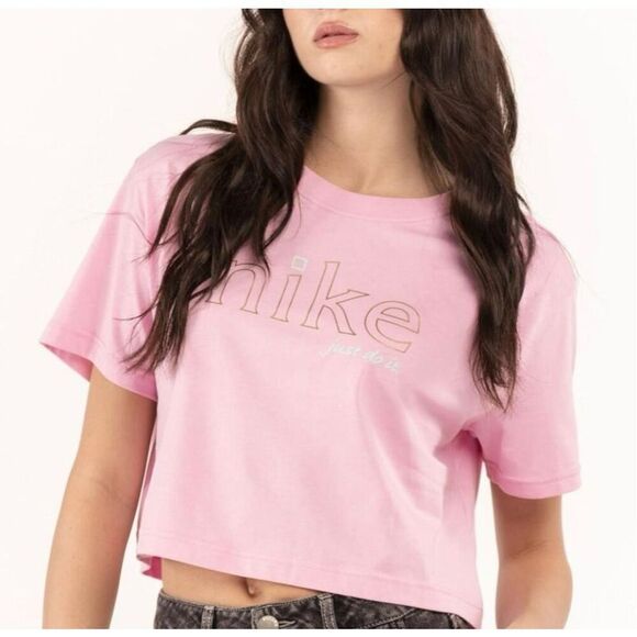 Nike Pink Cropped Cotton Tee With Teal and Gold Writing Size Small - Picture 1 of 4